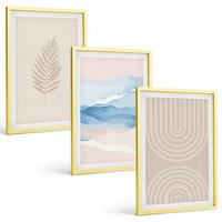 BILDER SET 3er Set - 40x60 cm Goldrahmen - Blätterwellen beige blau - Goldfarben, Kunststoff (40/60cm) - TULUP