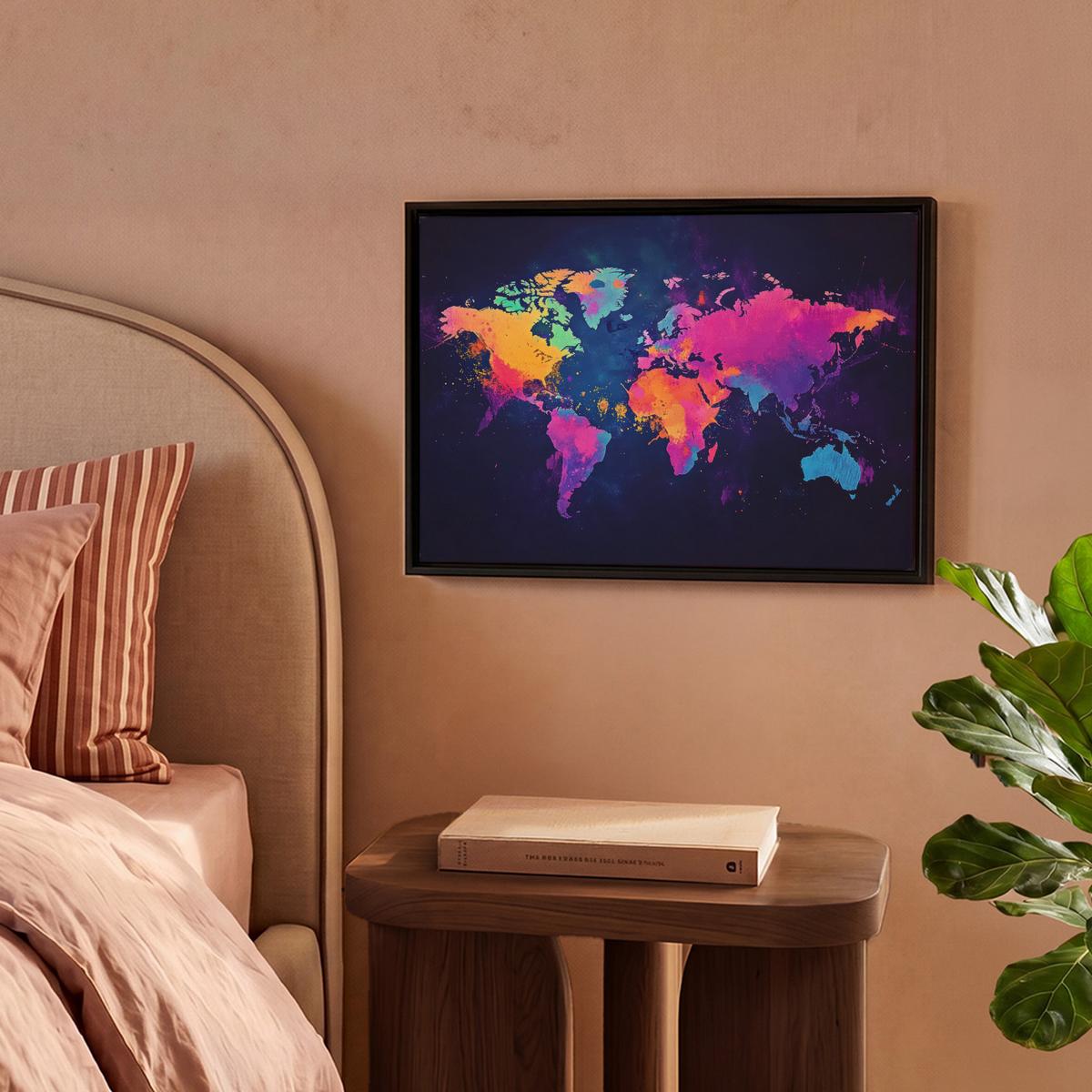 LEINWAND Bilder mit Rahmen - Weltkarte - Bunt - Graffiti - 40x30 - Multicolor, Textil (40/30cm) - MuchoWow