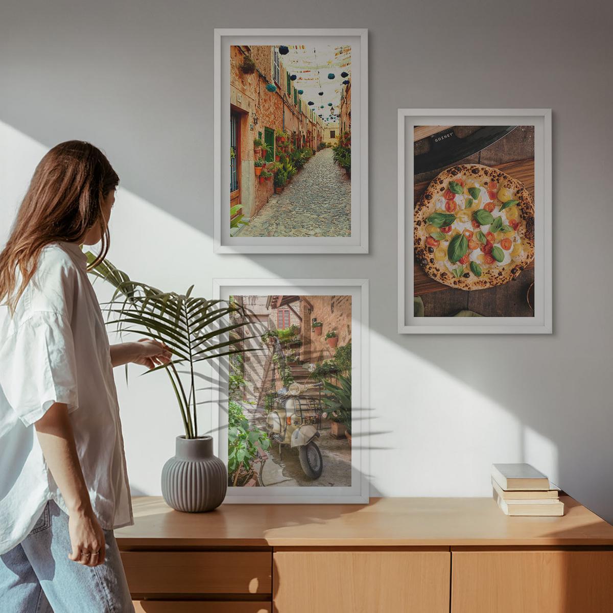 BILDER SET 3er Set - 40x60 cm Weißer Rahmen - Charmante Straßen mit Pizza - Weiß, Kunststoff (40/60cm) - TULUP