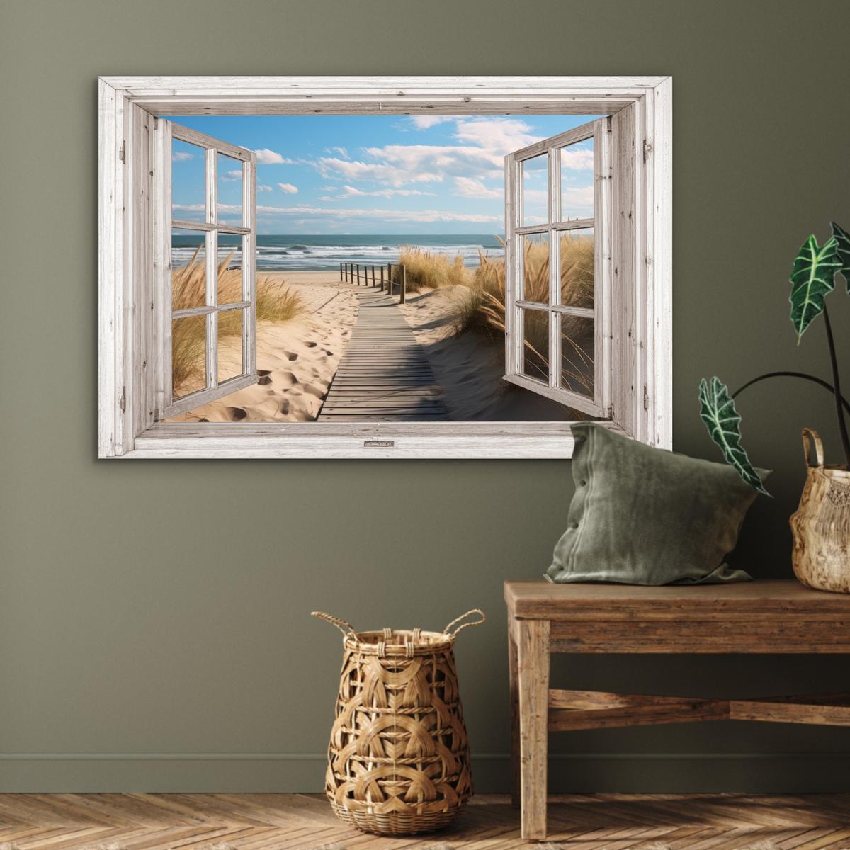 METALLBILD Fenster - Meer - Küste - Natur - Ausblick - Strand - Wattenmeer Wanddeko 90x60 cm - Beige, Metall (90/60cm) - MuchoWow