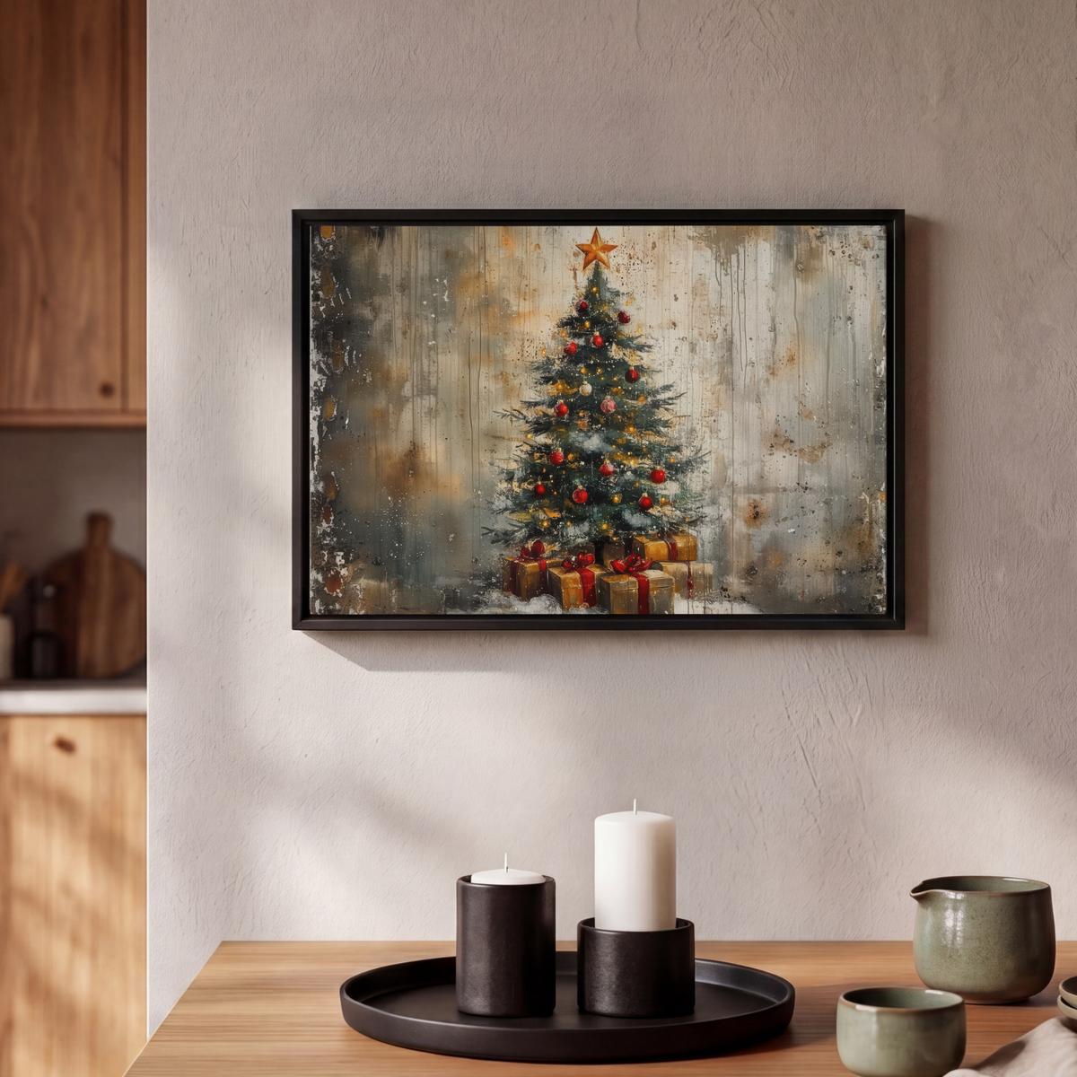 LEINWAND Bilder mit Rahmen - Weihnachtsbaum - Vintage - Weihnachten - Geschenk - 30x20 - Rostfarben, Textil (30/20cm) - MuchoWow