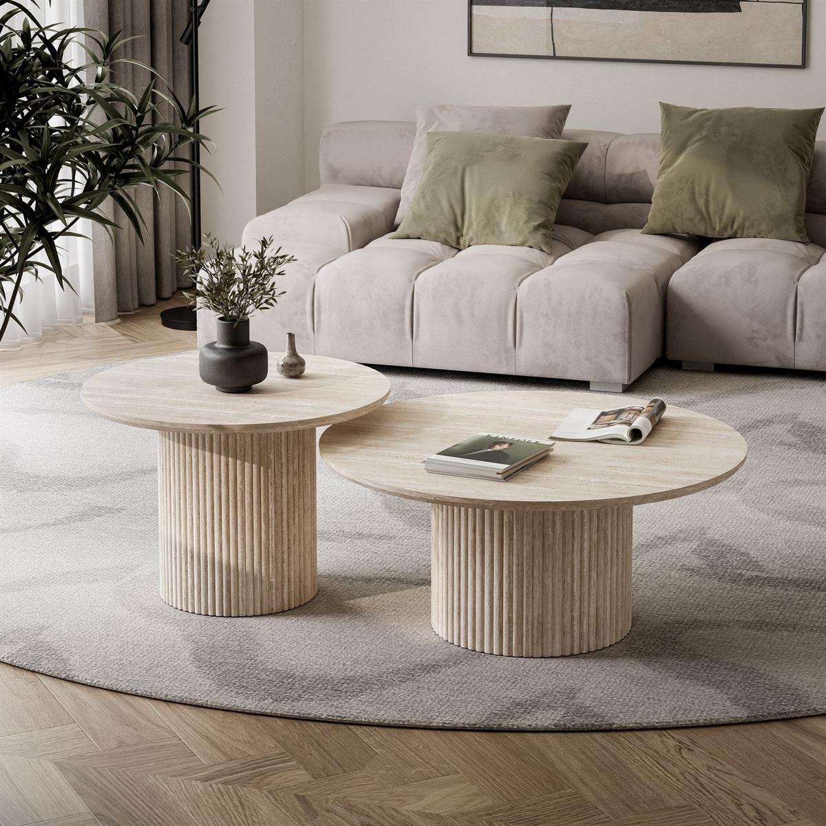 COUCHTISCH-SET OVI mit geriffeltem Sockel - Beige, Holzwerkstoff (80/80/42cm) - Lookway