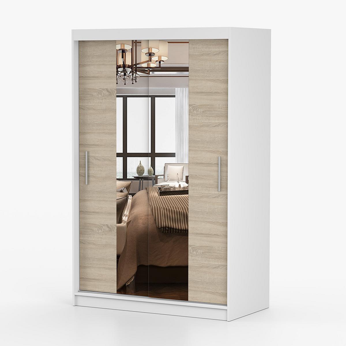SCHWEBETÜRENSCHRANK Neomi 01 Weiß/Sonoma Eiche mit Spiegel 120 cm - Alufarben/Weiß, Holzwerkstoff/Kunststoff (120/200/61cm) - imoebel24