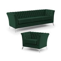 SITZGARNITUR 3+1 Chesterfield Whitby Flasche Grün Samt mit silbernen Füßen - Dunkelgrün/Silberfarben, Holz/Textil (237/78/82cm) - S-Style Möbel