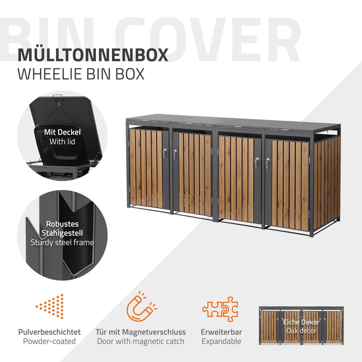 MÜLLTONNENBOX 4er Anthrazit-Holzoptik - Graubraun, Metall (264/120/80cm) - ML-DESIGN