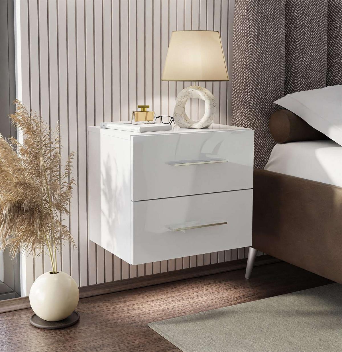 NACHTTISCH LINA LUX hängend mit Hochglanzplatte, Chromgriffe - Silberfarben/Weiß, Holzwerkstoff (45/42/39cm) - Lookway