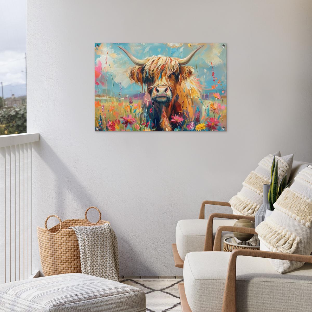 GARTENPOSTER Schottische Hochländer - Natur - Farbenfroh - Blumen Gartendeko 90x60 cm - Hellblau, Kunststoff (90/60/0.2cm) - OnlyWow