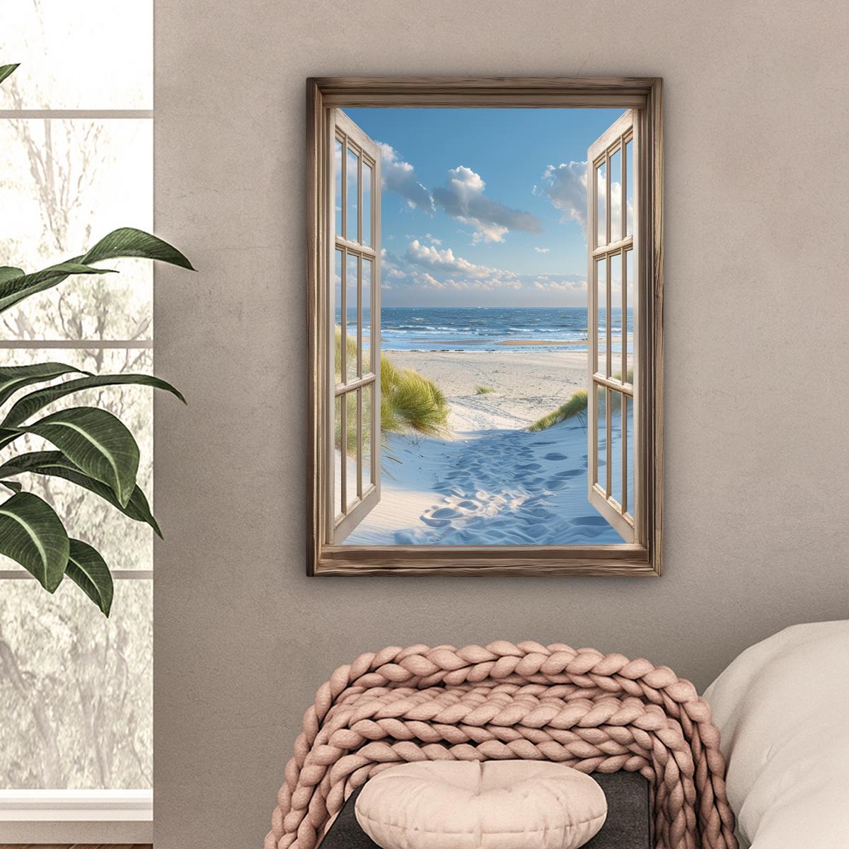 LEINWANDBILD Aussicht - Strand - Fenster - Dünen - Meer Wandbild Wohnzimmer 60x80 cm - Hellblau, Textil (60/80cm) - MuchoWow