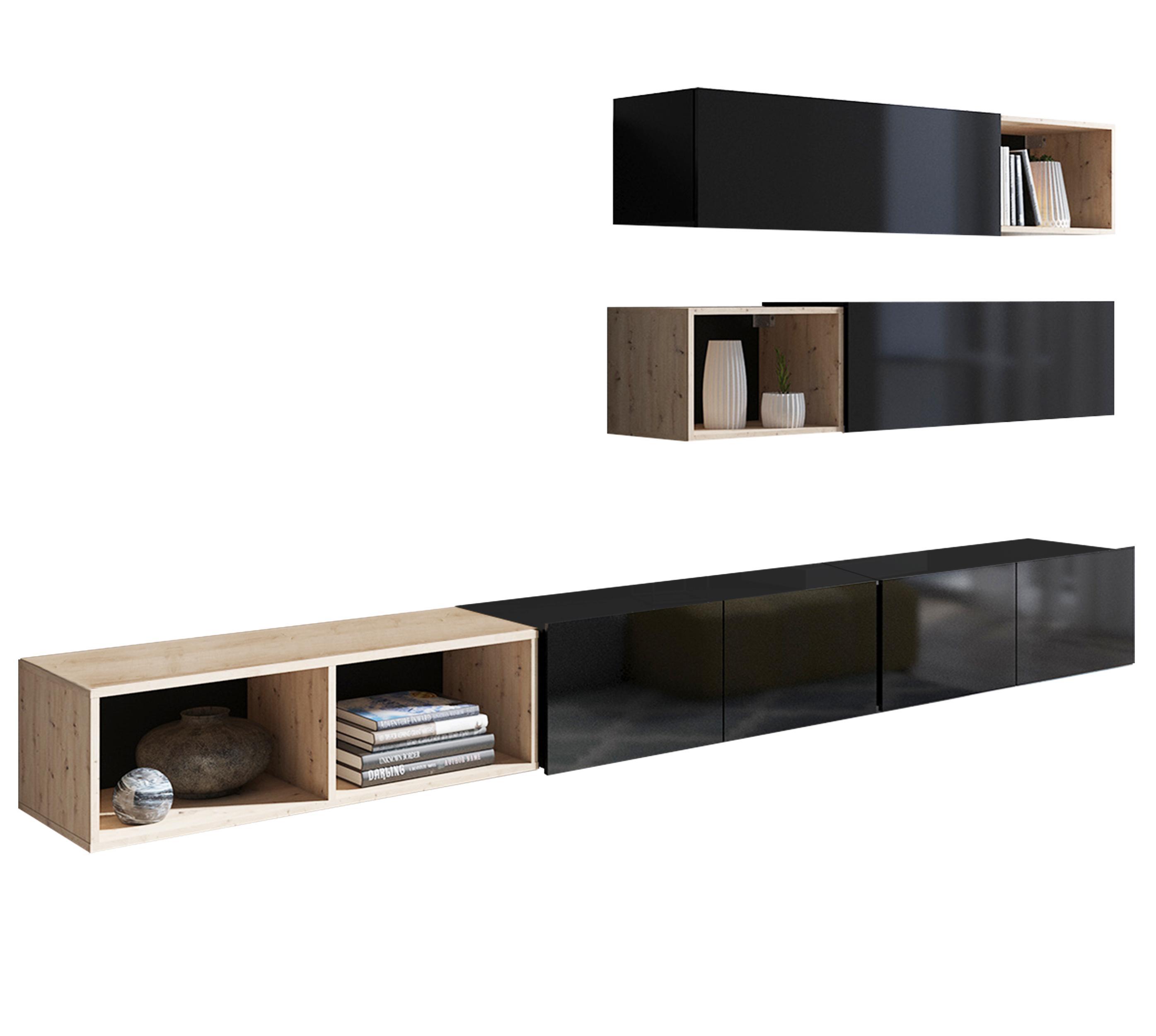 WOHNWAND Kossana 25 Modern Schwarz/Goldene Eiche 300/104/43 cm Schrankwand - Schwarz, Holzwerkstoff/Kunststoff (300/105/43cm) - AX Living