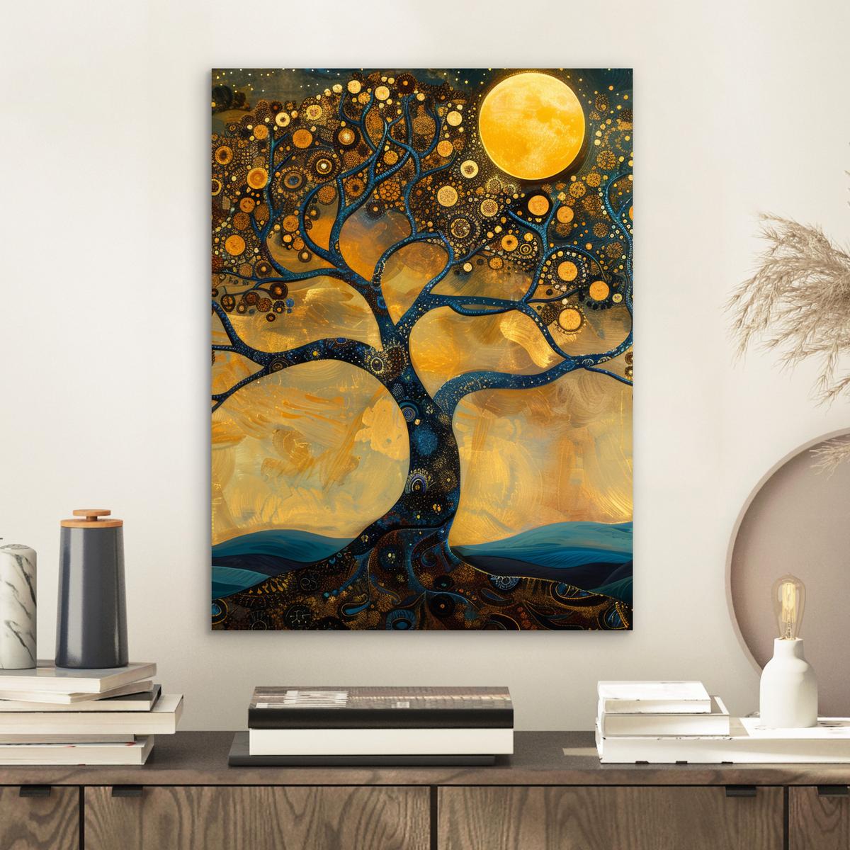 METALLBILD Baum - Mond - Blumen - Gold - Kunst 30x40 cm - Orange, Metall (30/40cm) - MuchoWow