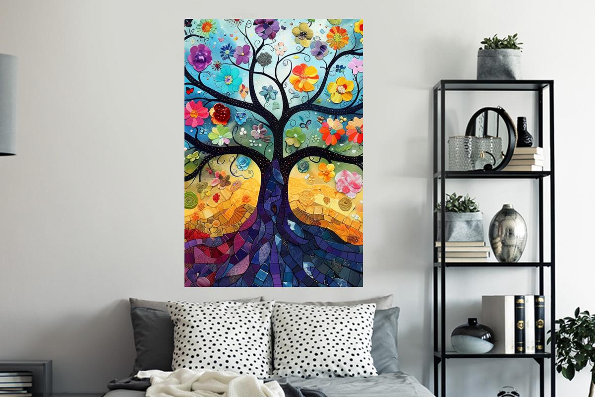 WANDTATTOO Kunst - Baum des Lebens - Blumen - Hippie Wandaufkleber 80x120 cm - Dunkelblau, Kunststoff (80/120/0.1cm) - MuchoWow