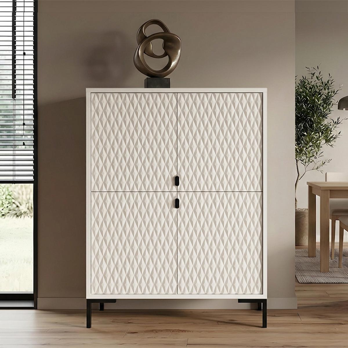 KOMMODE Montreal mit 4 Türen, dekorative 3D-Fronten, Highboard 100 cm, Kaschmir - Kaschmir/Schwarz, Holzwerkstoff/Metall (101/113/40cm) - Beautysofa