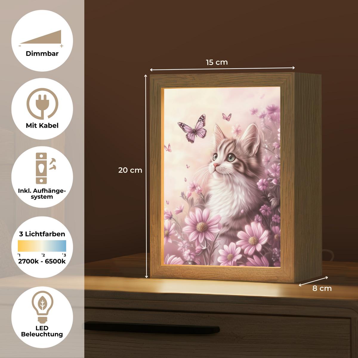 NACHTTISCHLAMPE Kätzchen - Blumen - Schmetterlinge - Lila 15x20 cm - Altrosa, Holzwerkstoff (8/15/20cm) - OnlyWow