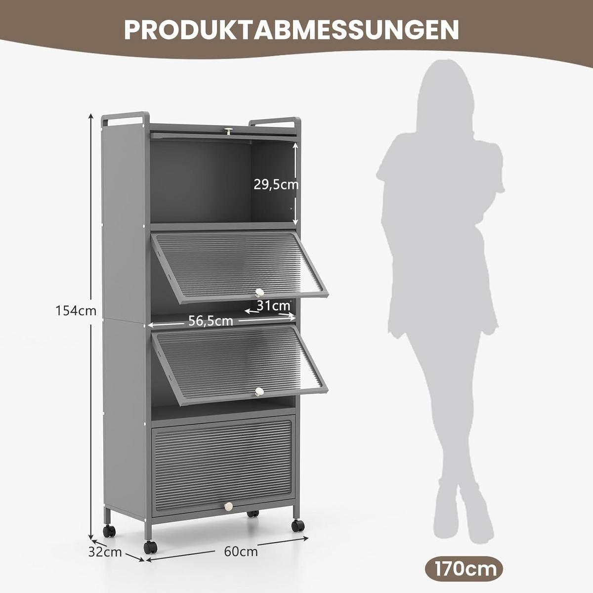 KUCHENSCHRANK Grau - Grau, Metall (60/154/32cm) - COSTWAY