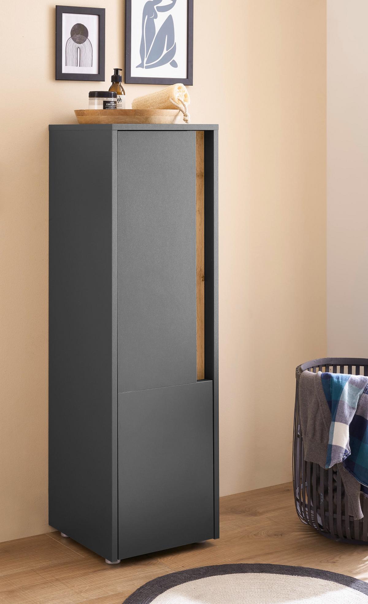 BAD-MIDISCHRANK grau matt, Wotan Eiche, Badmöbel Kommode 34 x 114 cm - Eiche Wotan/Schwarz, Holzwerkstoff/Kunststoff (34/114/34cm) - Furn.Design