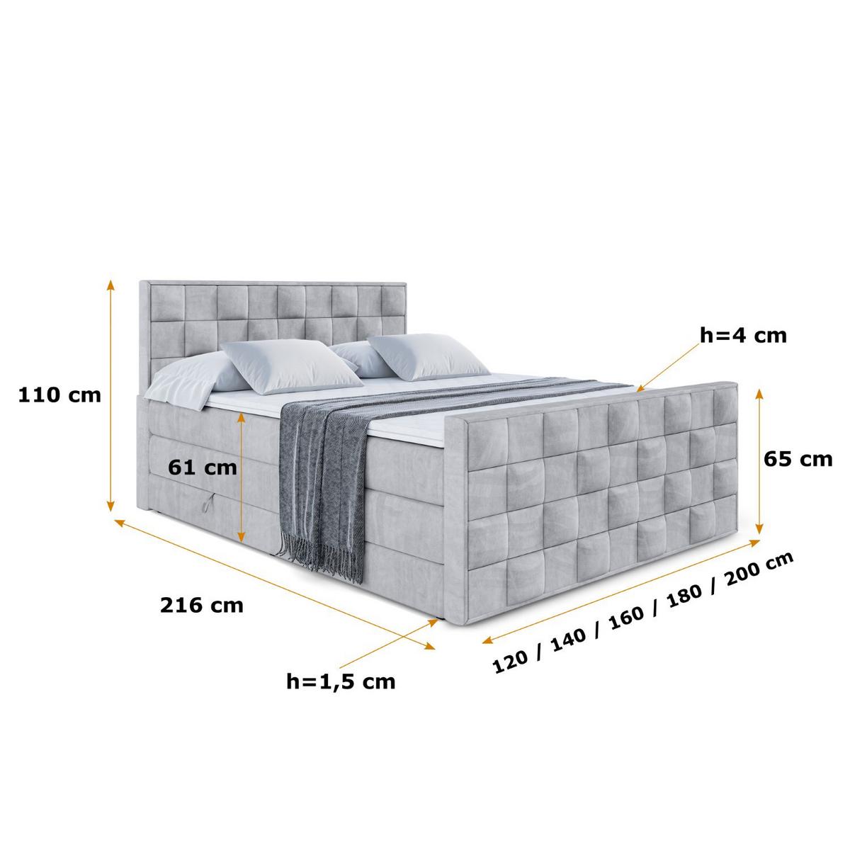 BOXSPRINGBETT ZAFIRA KING - 200 x 200 - H3/H4 - Hellgrau - Hellgrau, Holzwerkstoff (200/200cm) - ALTDECOR
