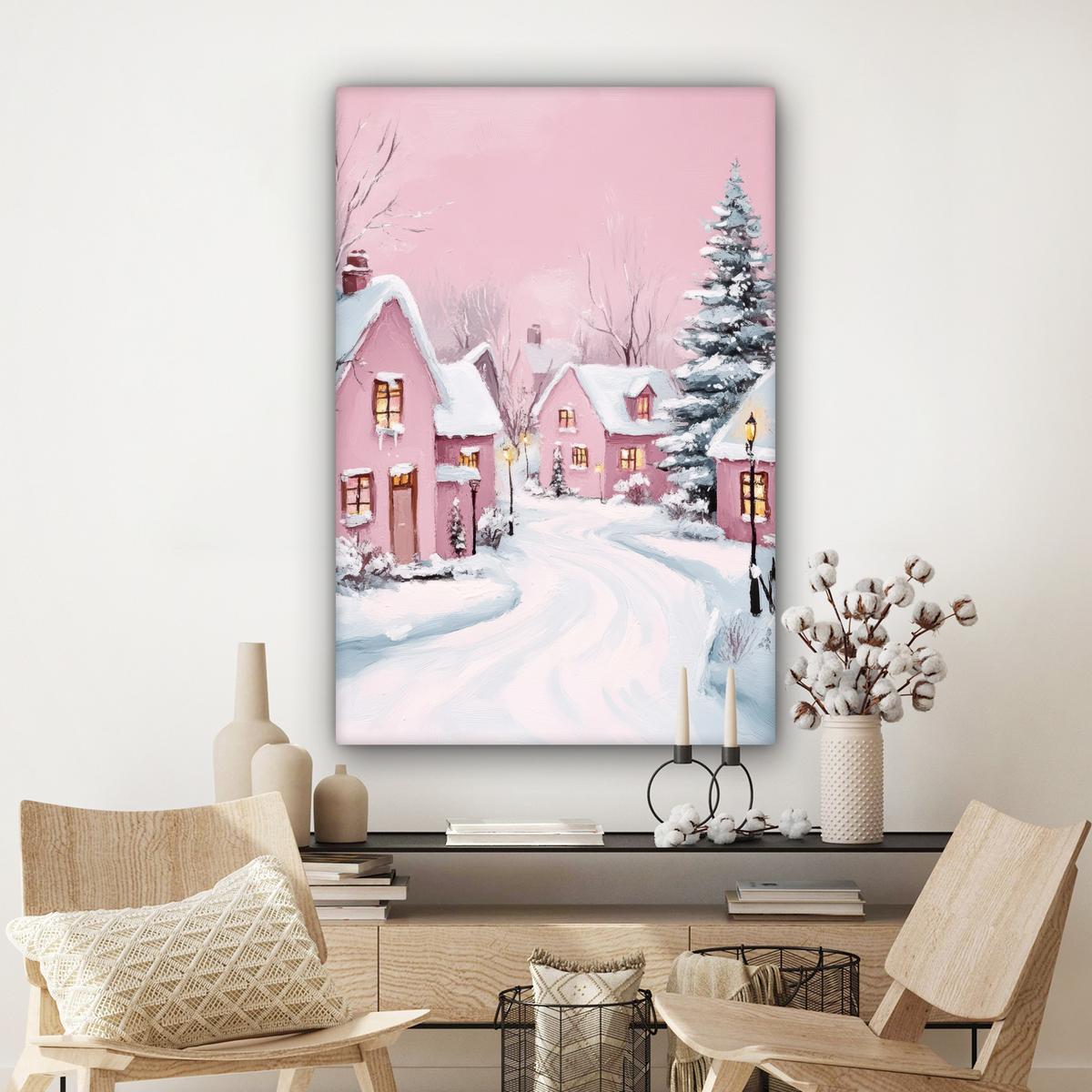 LEINWANDBILD Weihnachtsdorf - Rosa - Winter - Schnee - Häuser Deko XXL 80x120 cm - Altrosa, Textil (80/120cm) - MuchoWow