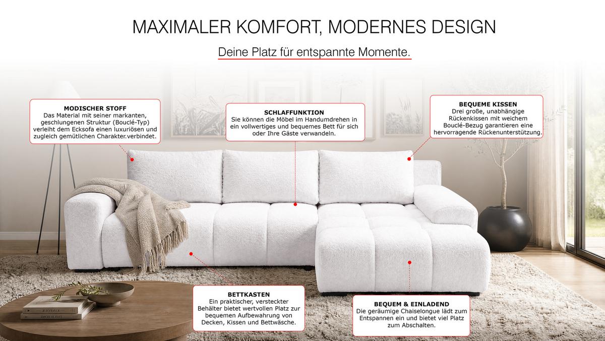 ECKSOFA Ovia mit Bettkasten und Schlaffunktion, Bouclé-Stoff in L-Form - Weiß, Textil (270/185cm)
