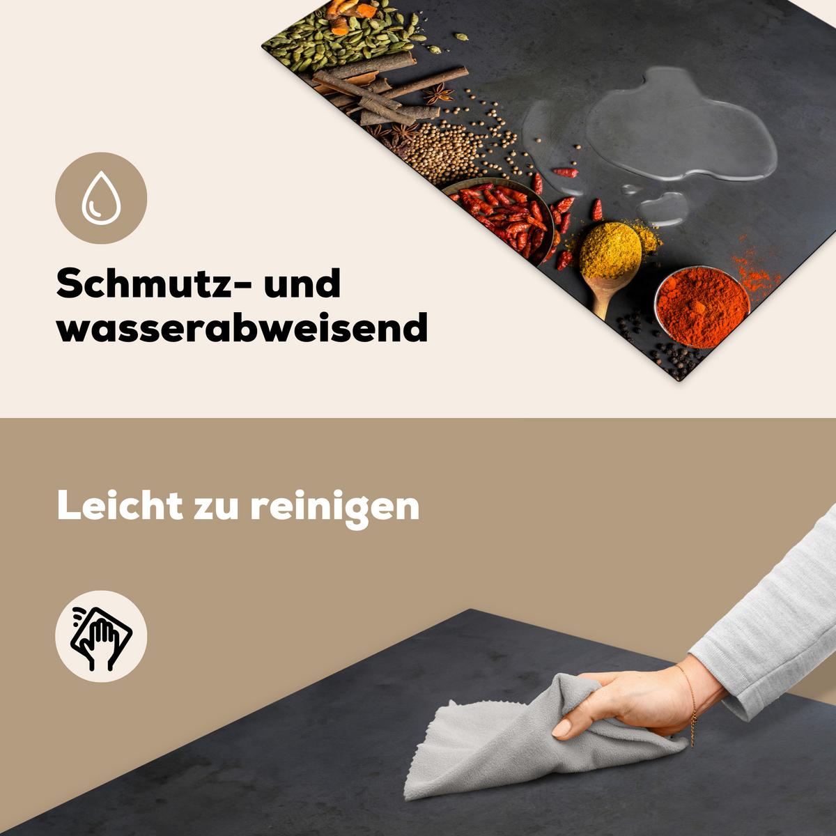 HERDABDECKPLATTE Kräuter - Lebensmittel - Gewürze - Schwarz - Paprika - Zimt Herdabdeckung Induktionsfeld 75x52 cm - Currygelb, Kunststoff (75/52/0.2cm) - MuchoWow