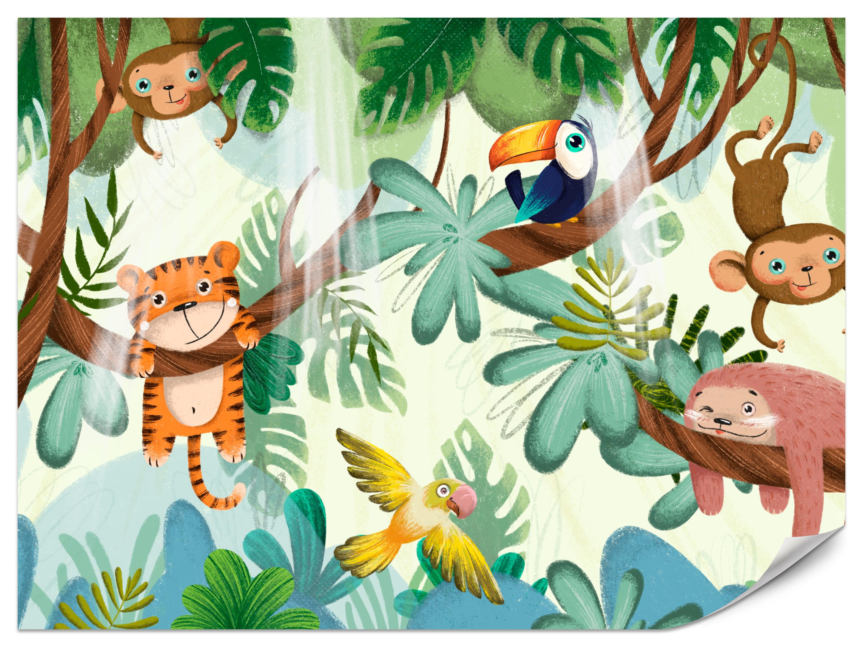 FOTOTAPETE für Kinderzimmer Süße Dschungeltiere Monstera Affen Tiger Vogel 200x140 - Gelb/Beige, Papier (200/140cm) - Muralo