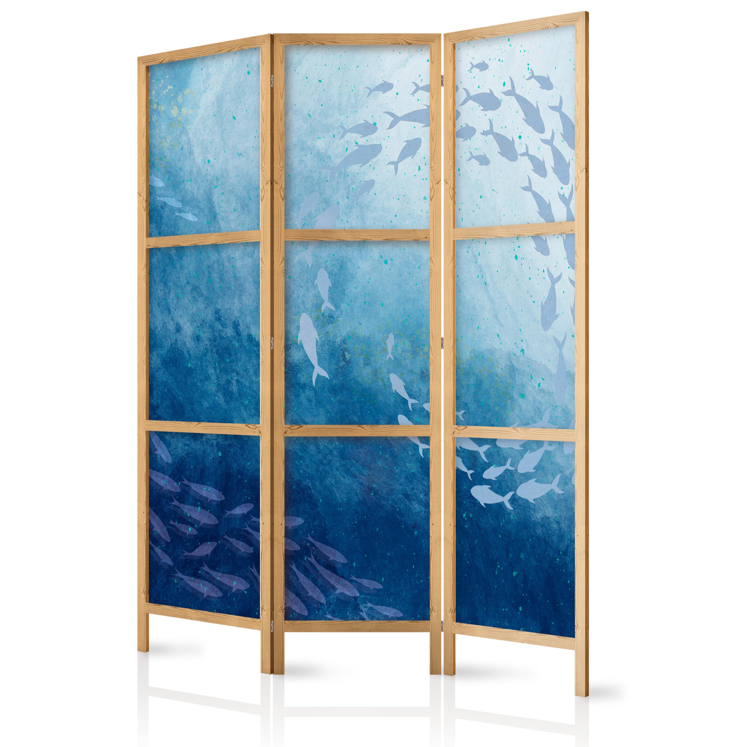 PARAVENT Japanischer 3-tlg 135x172 cm Fischschwarm im Meer - Blau, Holz/Textil (135/172/3cm) - Muralo