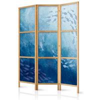 PARAVENT Japanischer 3-tlg 135x172 cm Fischschwarm im Meer - Blau, Holz/Textil (135/172/3cm) - Muralo