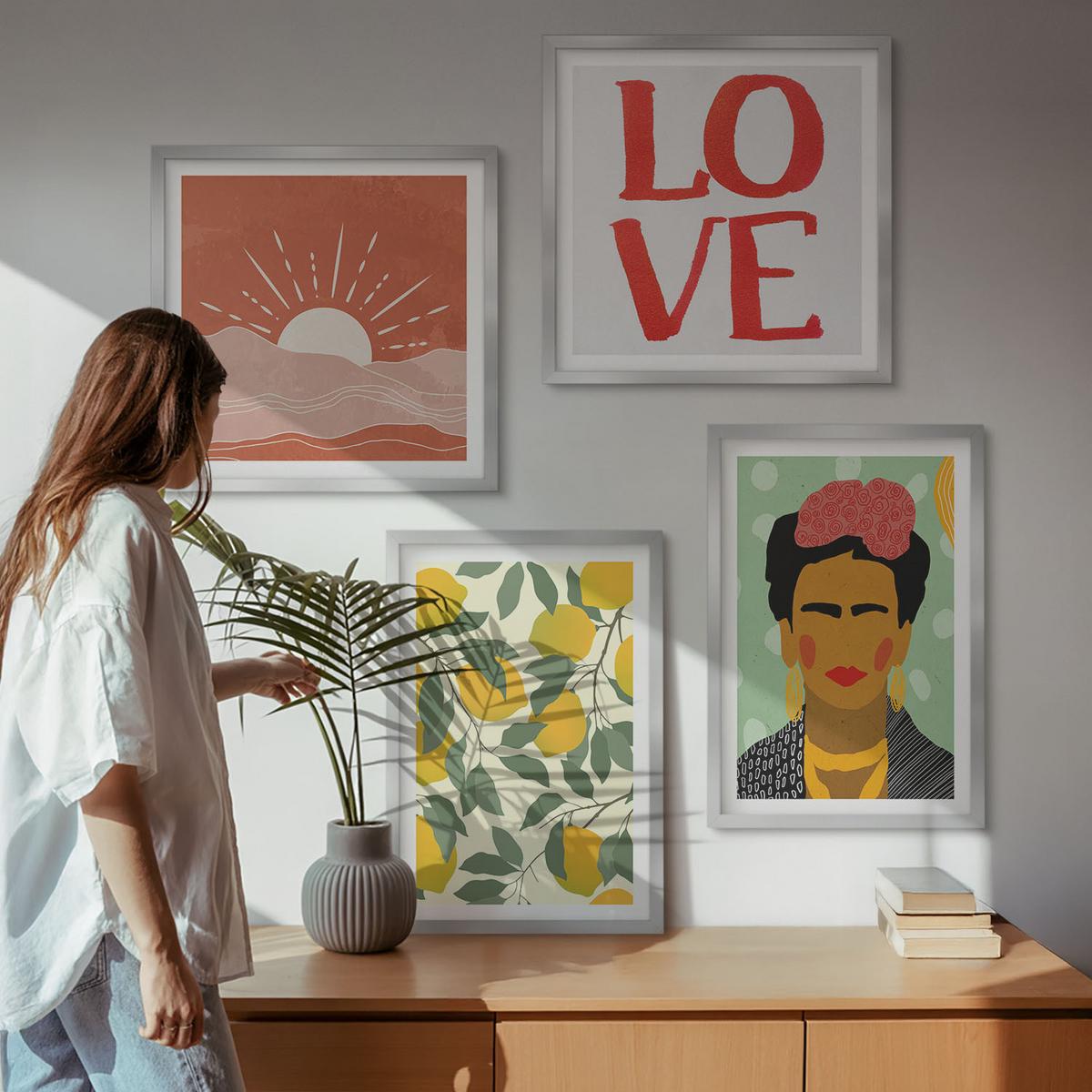 BILDER SET 4er Set - 50x50 cm & 40x60 cm Silberner Rahmen - Zitronen Inschrift Liebeslandschaft Frida - Silberfarben, Kunststoff (50/50cm) - TULUP