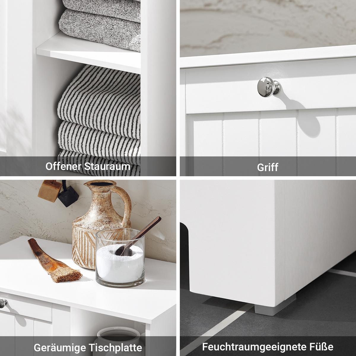 BADSCHRANK mit Wäschekorb, 60x86x37 cm, weiß, herausnehmbarer Korb, 3 offene Fächer, Bad & Waschküche - Weiß, Holzwerkstoff (60/86/37cm) - SoBuy