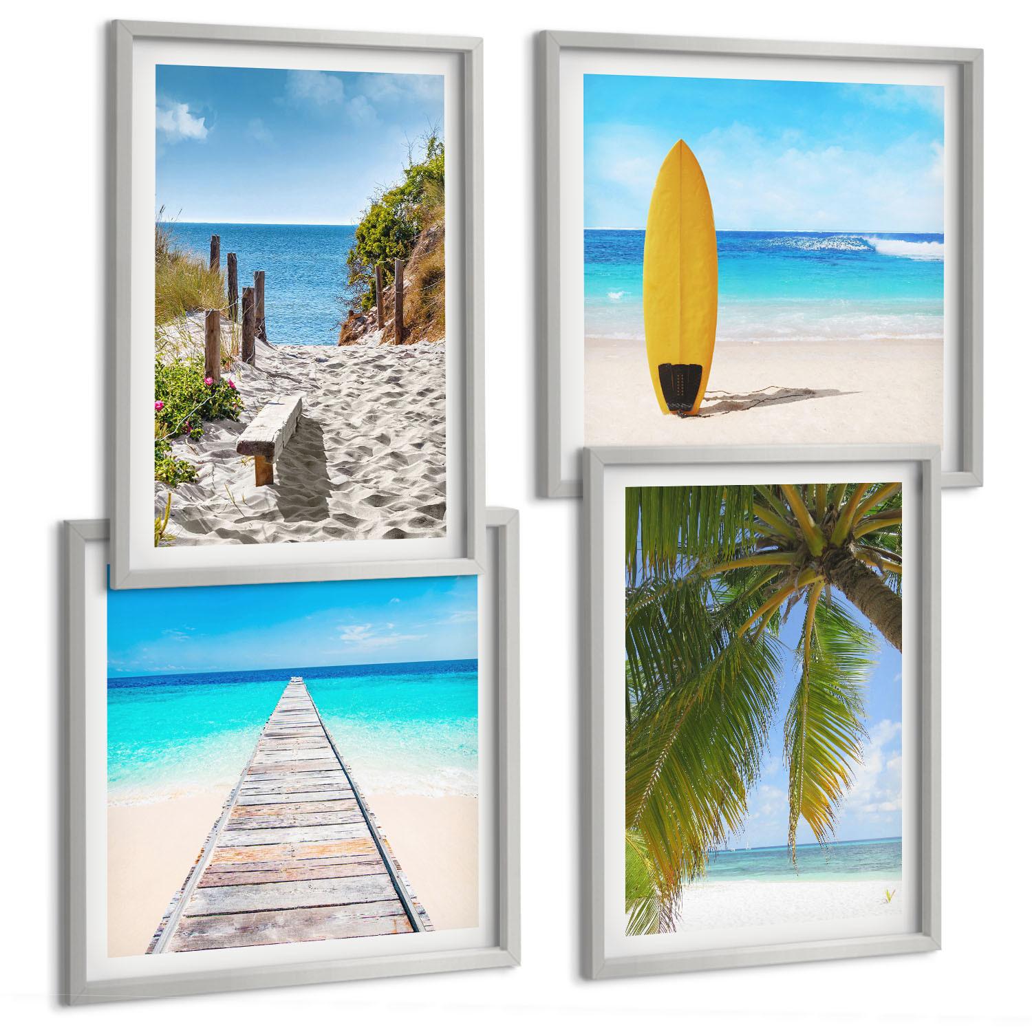 BILDER SET 4er Set - 50x50 cm & 40x60 cm Silberner Rahmen - Urlaubsblick Strand Palmen - Silberfarben, Kunststoff (50/50cm) - TULUP