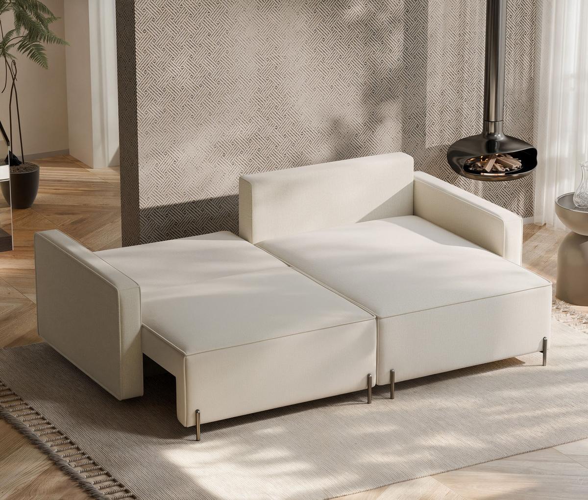 ECKSOFA LEO Rechts, mit Schlaffunktion und Bettkasten, Creme - Creme, Textil/Metall (229/148cm) - Idohome