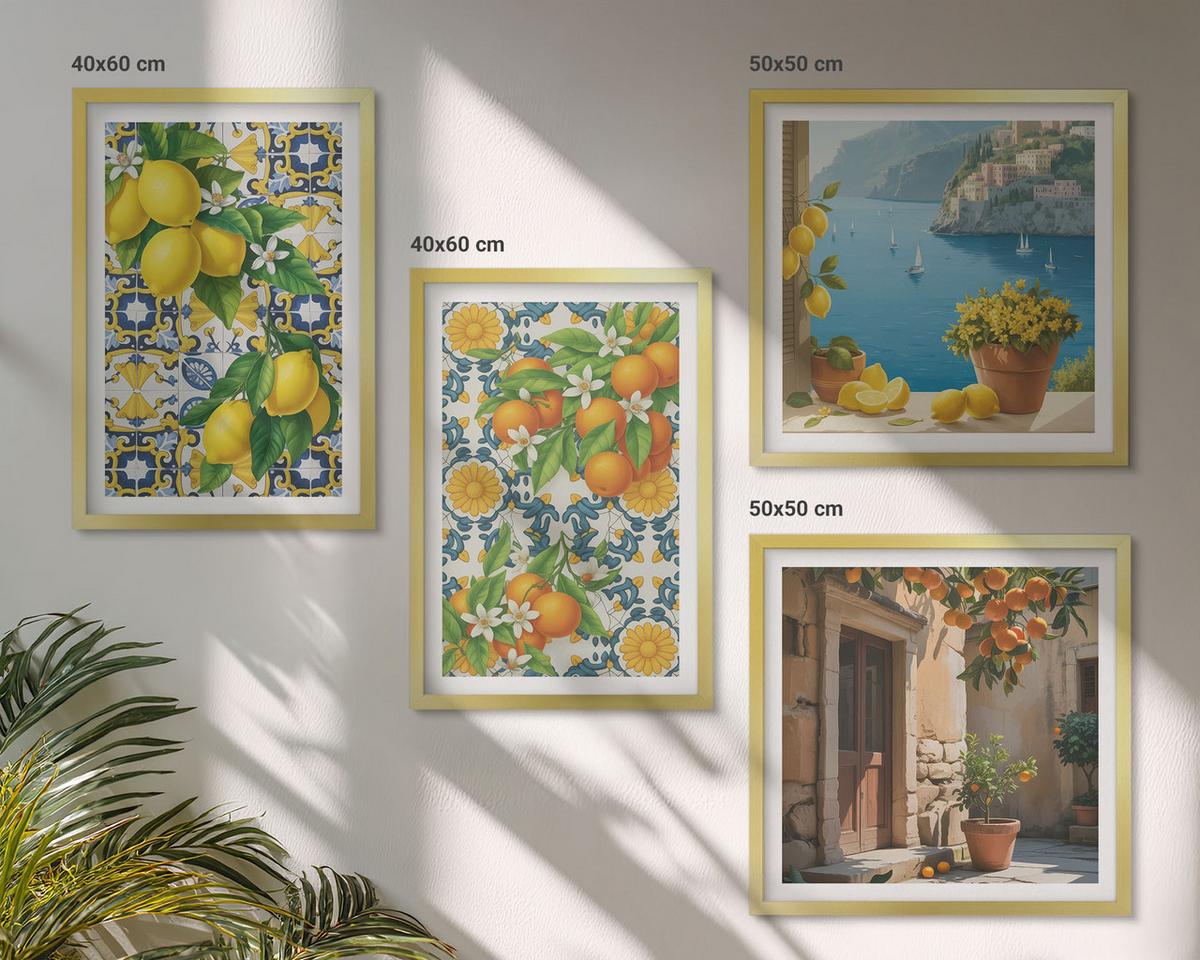 BILDER SET 4er Set - 50x50 cm & 40x60 cm Goldrahmen - Zitronen, Blumen, Orangen, Italien - Goldfarben, Kunststoff (50/50cm) - TULUP