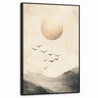 LEINWAND Bilder mit Rahmen - Landschaft - Japandi - Vogel - 60x90 - Beige, Textil (60/90cm) - MuchoWow