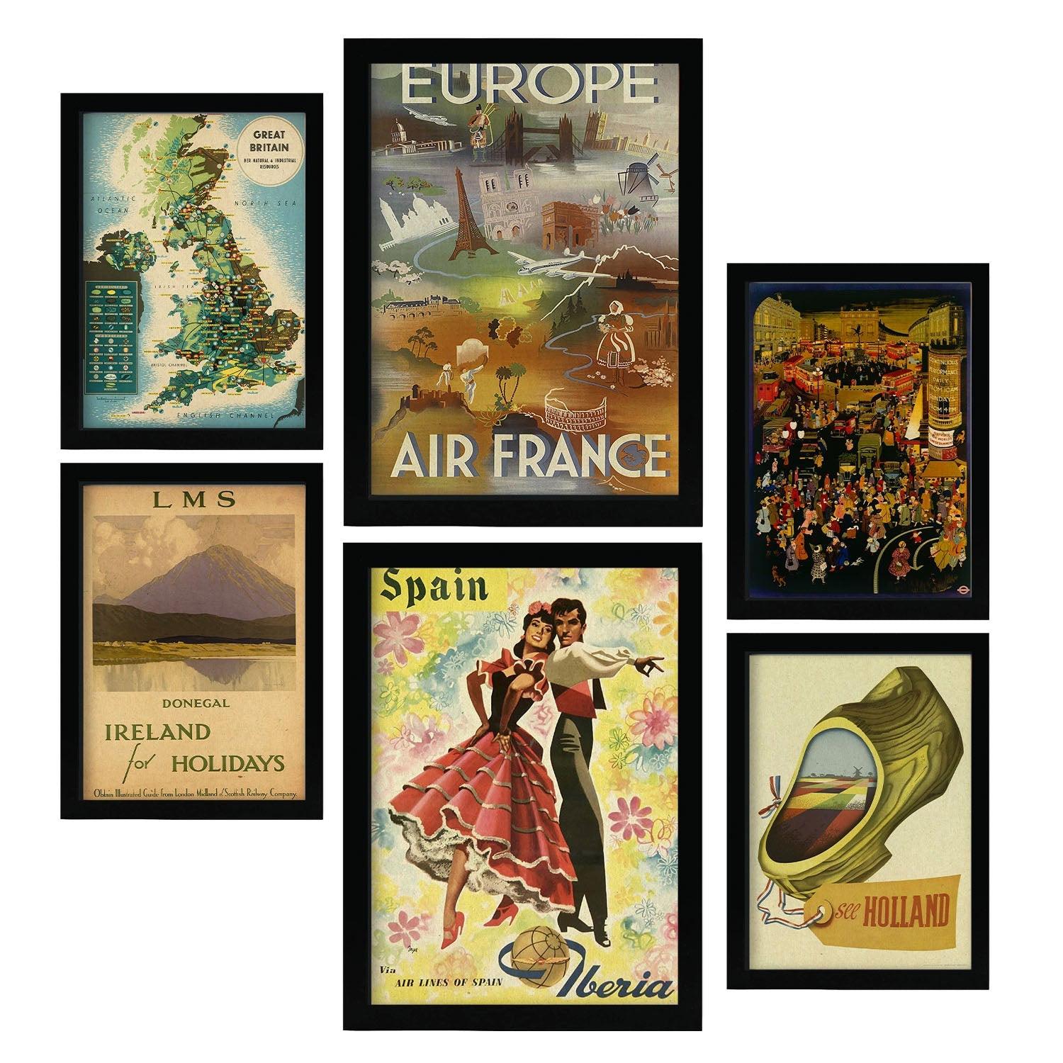 POSTER Set Mit 6 Europäische Länder Vollfarbige Illustrationen Von Vintage Tourismus Werbetafeln Aus Der Ganzen Welt A3 & A4 Schwarzer Rahmen - Schwarz, Papier (29/3cm) - Nacnic
