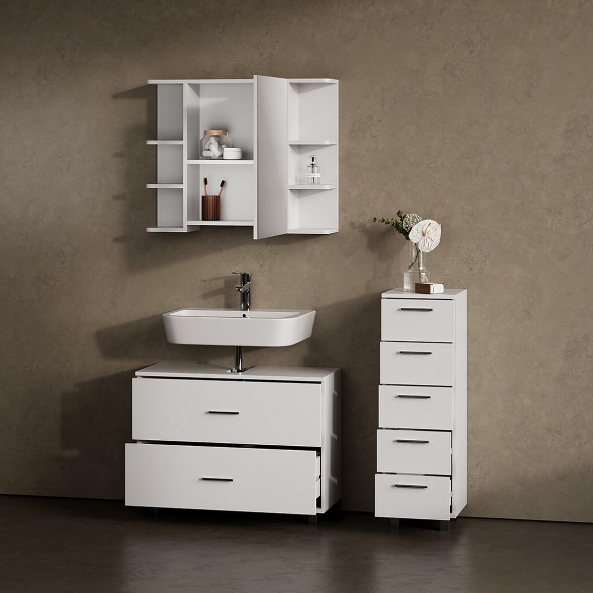 BADMÖBEL-SET Eisak Weiß 3 Teile, mit Unterschrank 80 cm - Weiß, Holzwerkstoff (80/60/33cm) - Livinity®