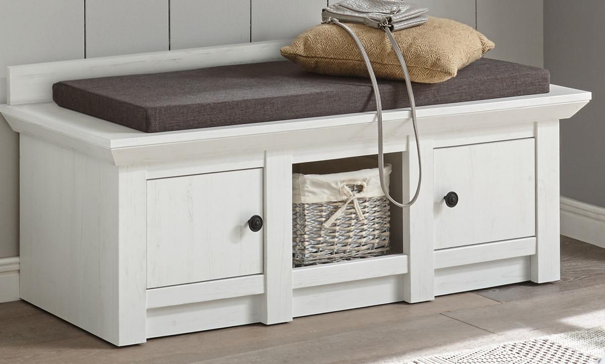 GARDEROBENBANK Pinie weiß 124 cm, Landhaus Schuhbank mit Stauraum - Schwarz/Weiß, Holzwerkstoff/Metall (124/42/45cm) - Furn.Design