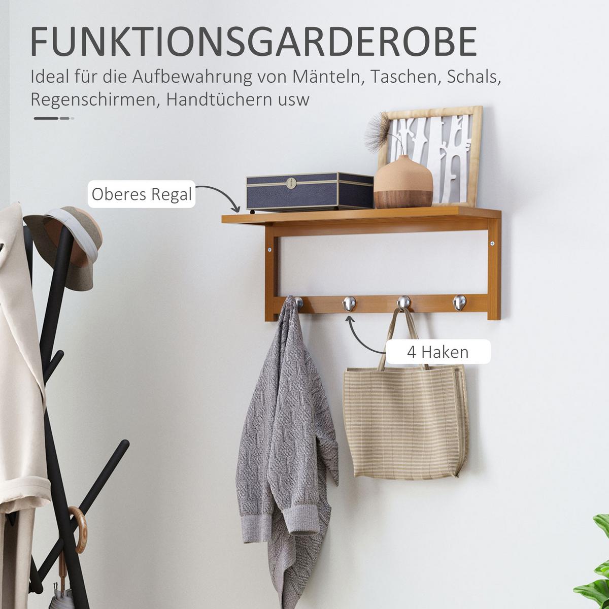 WANDGARDEROBE mit Haken Braun - Naturfarben, Holz/Bambusholz (16/17.5/50cm) - HOMCOM