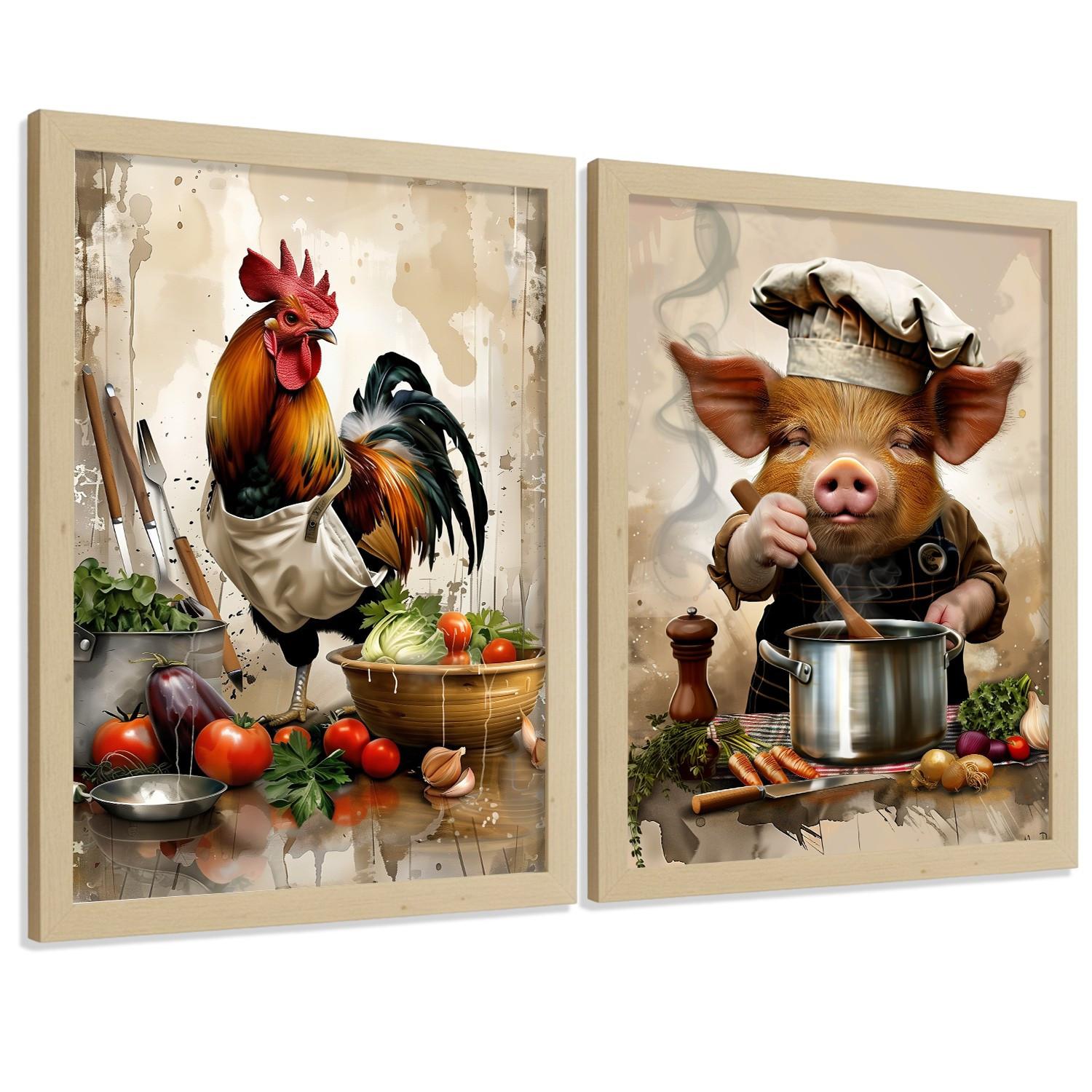 POSTER 2er Set Küchen-Wandbilder Hahn und Schwein Koch Aquarell Illustration Esszimmer Wanddeko Rahmenlos A4 - Beige, Papier (29.7/1/21cm) - Nacnic