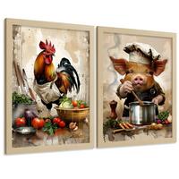 POSTER 2er Set Küchen-Wandbilder Hahn und Schwein Koch Aquarell Illustration Esszimmer Wanddeko Rahmenlos A4 - Beige, Papier (29.7/1/21cm) - Nacnic