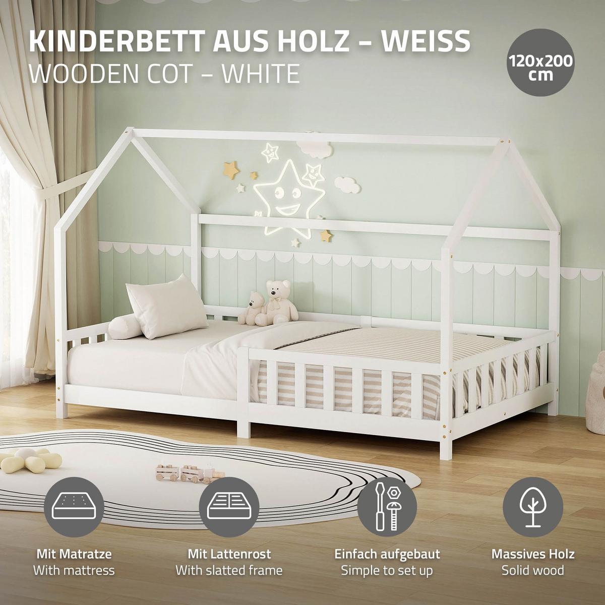 KINDERBETT 120x200 cm mit Matratze & Rausfallschutz Weiß aus Kiefernholz - Weiß, Holz (120/200cm) - ML-DESIGN