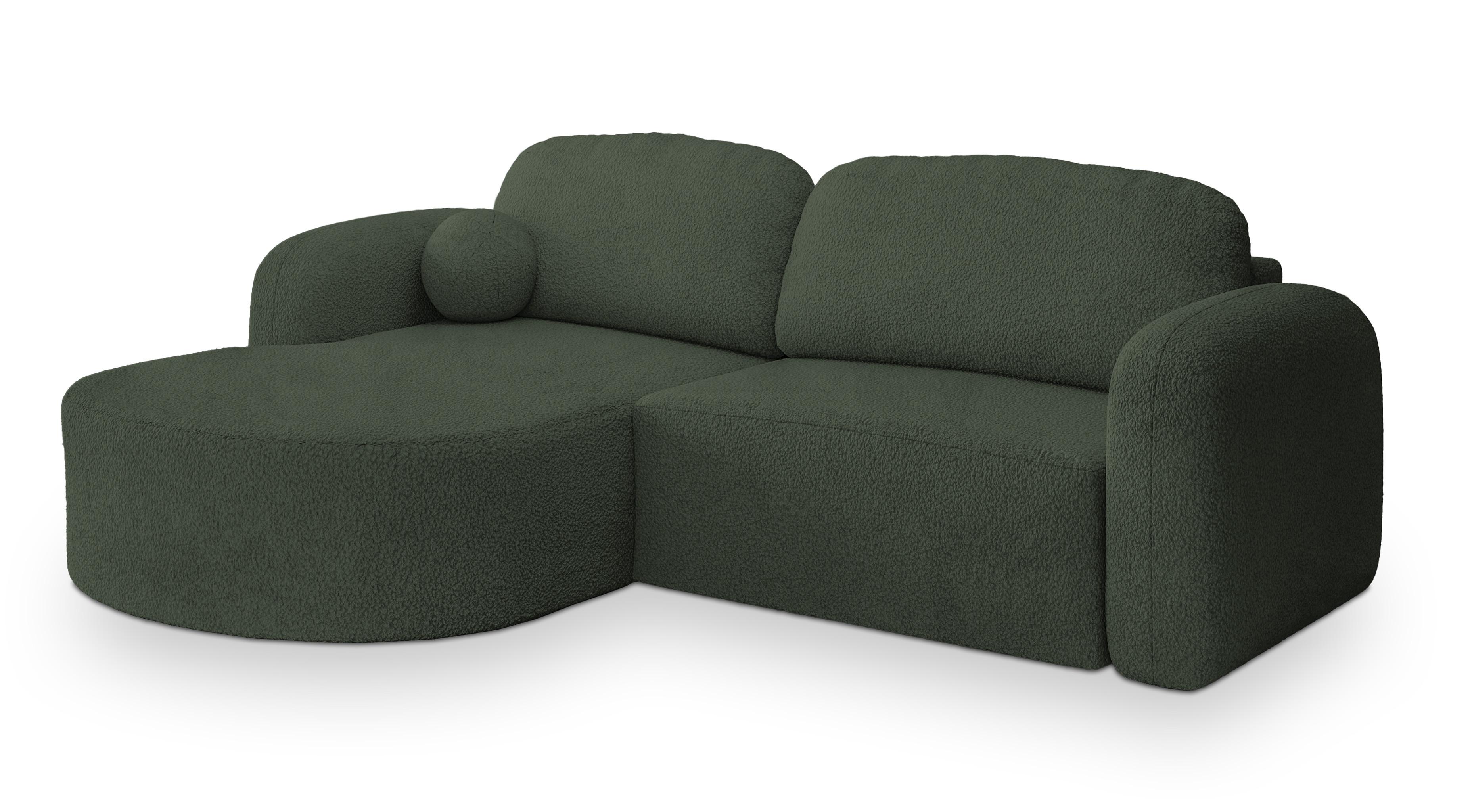 ECKSOFA AMILIA L-S Grün Boucle-Stoff mit Schlaffunktion - Grün, Holz (263/174cm) - MASSENO