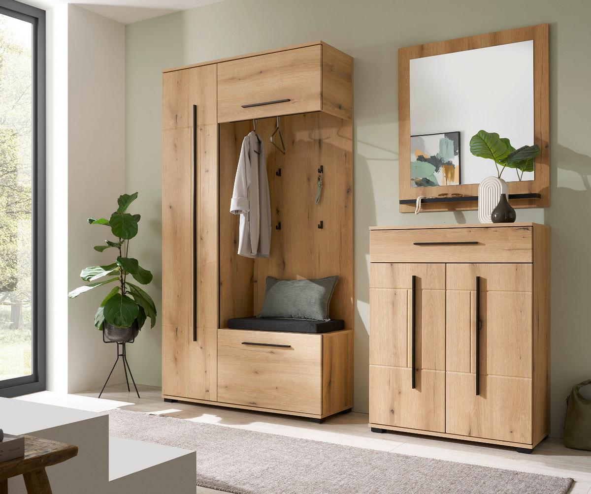 KOMPAKTGARDEROBE Evoke Eiche 111 x 200 cm, Garderobe mit Soft-Close - Eichefarben/Schwarz, Holzwerkstoff/Kunststoff (111/200/37cm) - Furn.Design