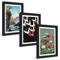 BILDER SET 3er Set - 20x30 cm Schwarzer Rahmen - Berge, Wasserfälle, Vögel, Blumen - Schwarz, Kunststoff (20/30cm) - TULUP