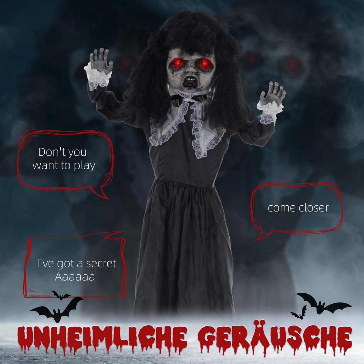 160CM Halloween Dekoration Geisterpuppe mit LED-Lichter, Soundfunktion - Schwarz, Kunststoff (15/160/65cm) - HOMCOM