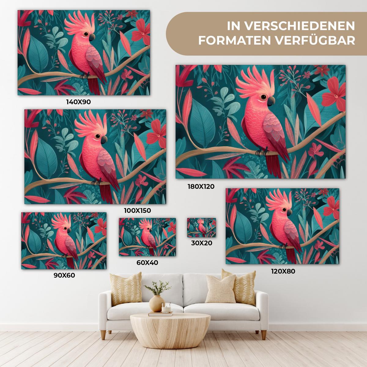 LEINWANDBILD Kakadu - Tropische Blätter - Zweig Deko Schlafzimmer 30x20 cm - Petrol, Textil (30/20cm) - MuchoWow