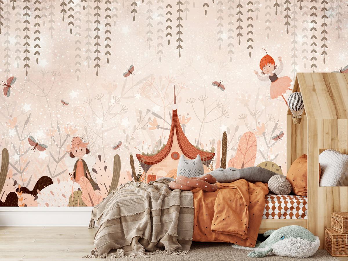 FOTOTAPETE für Kinderzimmer Feen Aquarell Wald Blumen Blätter Boho 250x175 - Beige/Orange, Papier (250/175cm) - Muralo