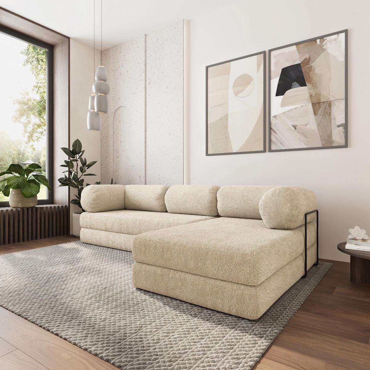 ECKSOFA KELI modulares Boneless Sofa mit Schlaffunktion Creme Boucle-Stoff - Creme, Textil (270/160cm) - MASSENO
