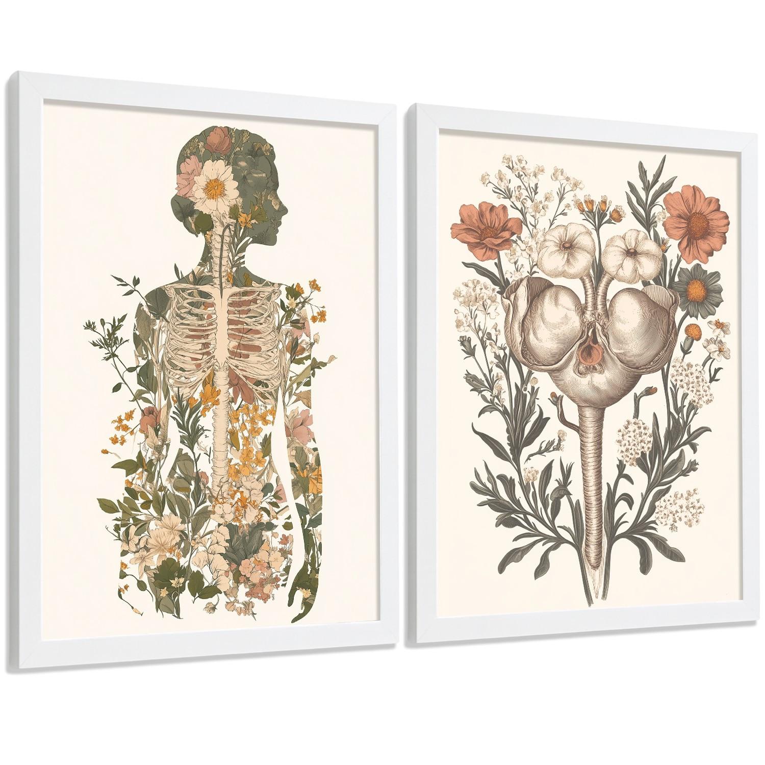 POSTER Set aus 2 Anatomie Mensch Drucke und Wandbilder mit Weiblicher Silhouette und Fortpflanzungssystem Botanischer Stil Größe Weißer Rahmen A3 - Weiß, Papier (29.7/42/3cm) - Nacnic