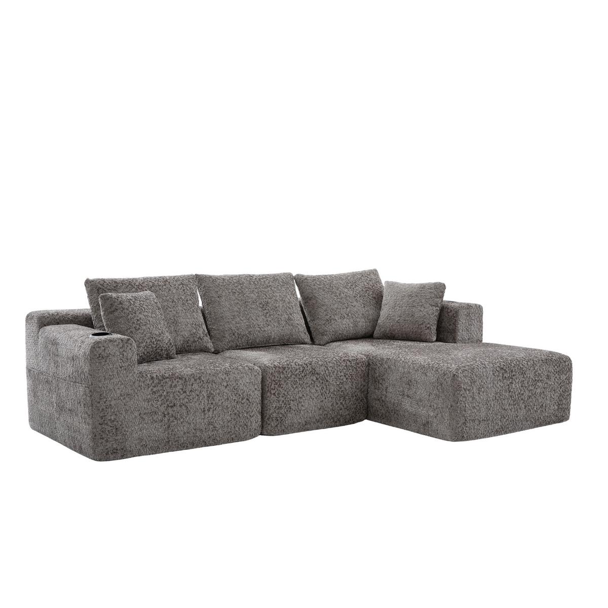 ECKSOFA Modulares L-Form Chenille mit Getränkehalter & Memory-Schaum 261cm - Dunkelgrau, Textil (261/165cm) - Urban Meuble
