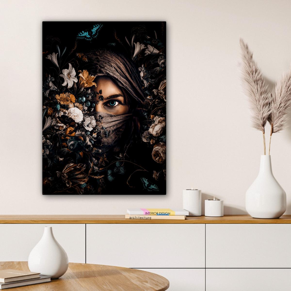 LEINWANDBILD Frau - Luxus - Blumen - Schmetterling - Porträt Wandbild Wohnzimmer 60x80 cm - Schwarz, Textil (60/80cm) - MuchoWow