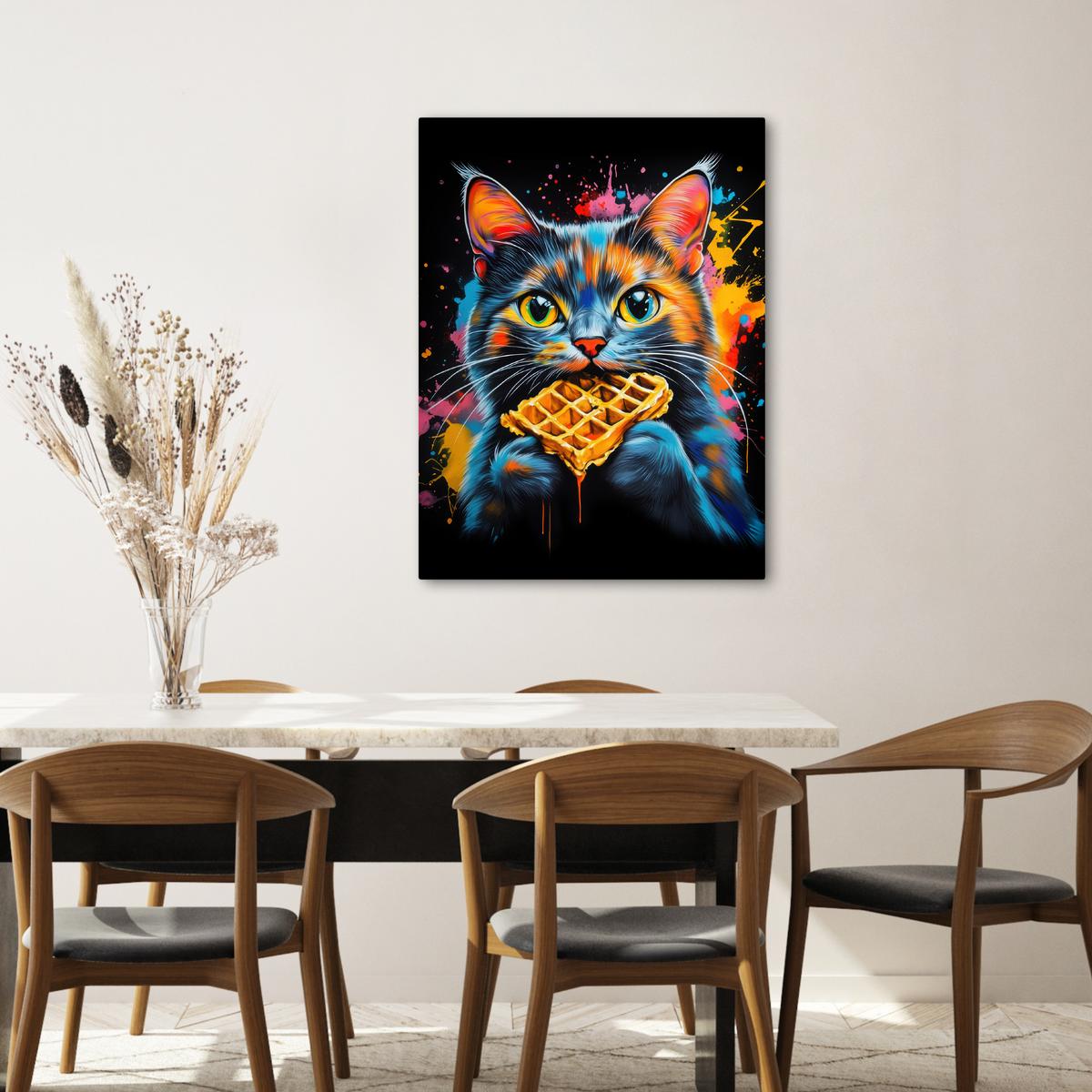 LEINWANDBILD Katze - Graffiti - Bunt - Waffel - Essen Wandbild Wohnzimmer 60x80 cm - Türkis, Textil (60/80cm) - MuchoWow